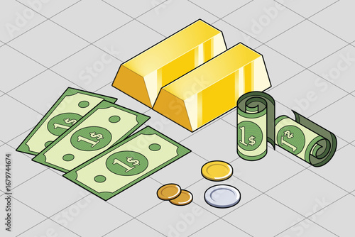 Toon money, gold bar, coins, isometric