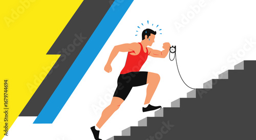 Athlete running up stairs with a stopwatch representing fitness goals and achievement