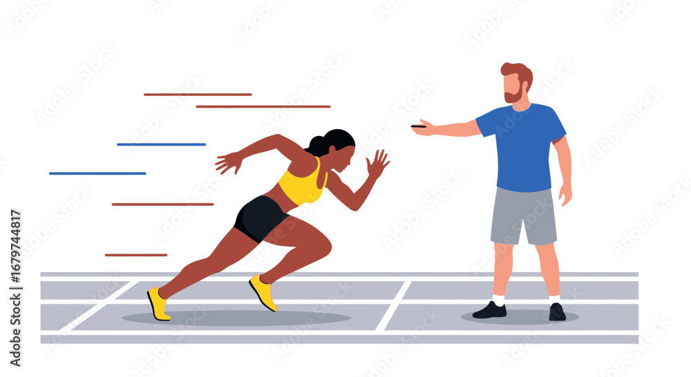 Fototapeta premium Athlete Speeding Forward While Coach Mentions, Training For The Next Race