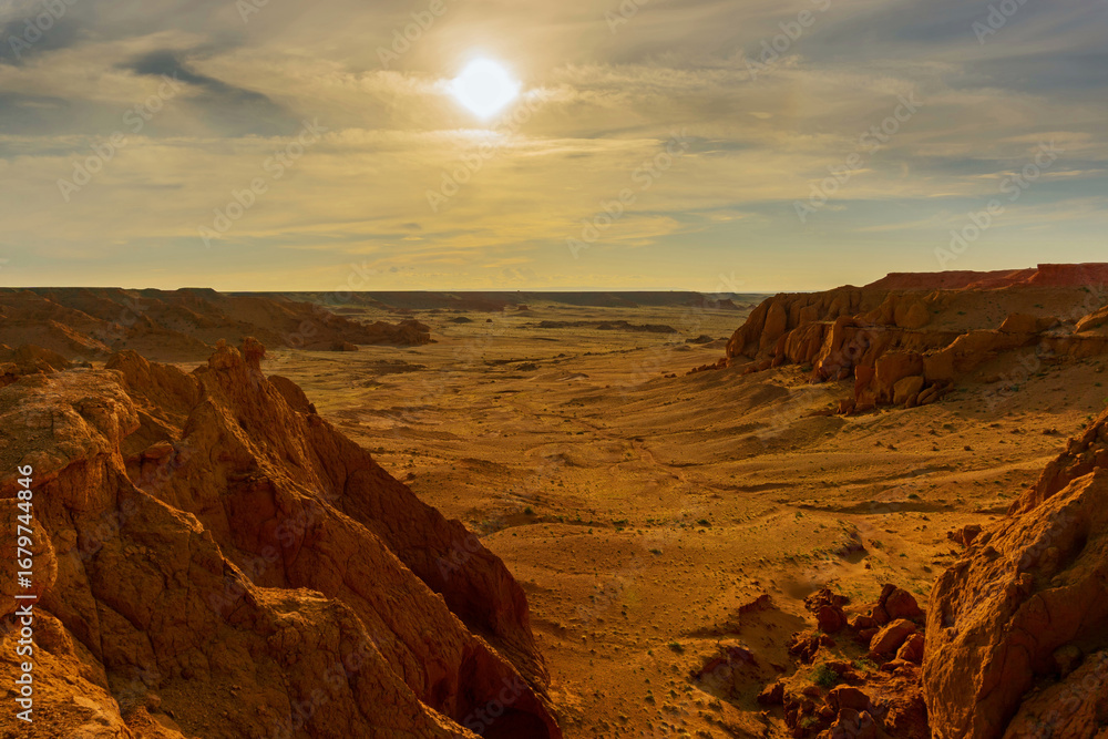 Fototapeta premium Bayanzag flaming cliffs at sunset in Mongolia