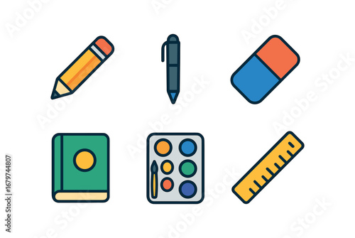 vector colorful flat filled icons sketch diary (tools): pencil fine liner eraser sketchbook watercolor set ruler.