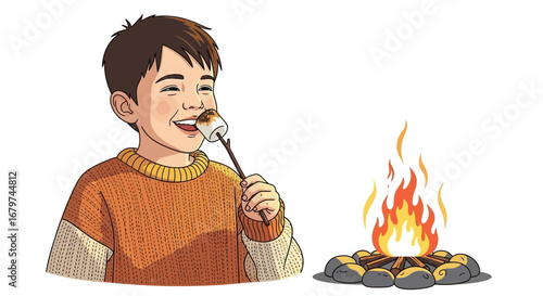 Boy Roasting Marshmallow Over Campfire Enjoying Sweet Treat With Joyous Expression