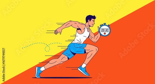 Athlete Sprinting While Holding Stopwatch Depicting Race Speed and Time Measurement
