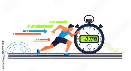 Athlete Sprinting Towards Finish Line Shown With Stopwatch Timing Athletic Performance