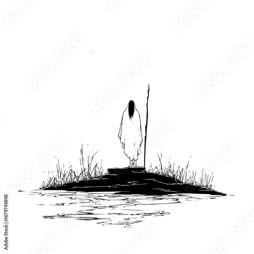 Haunting monochrome illustration of a cloaked figure standing near water and tall grass art drawing design