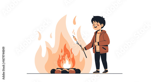 Boy roasting marshmallows over a campfire vector illustration design on white background