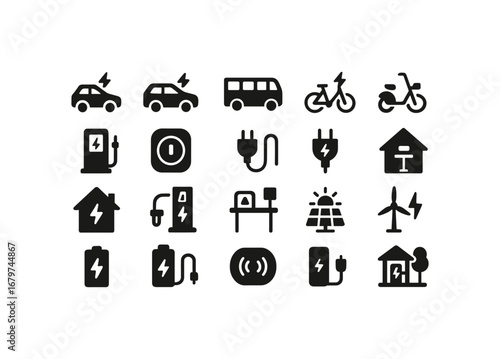 vector solid black filled icons Charging (Types) charging ev charging car charging truck charging bus charging bike charging scooter charging station charging port charging cable charging.