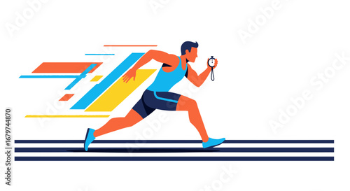 Athlete Sprinting, Timekeeping and Speed Illustration for Fitness and Athletic Competition