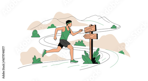 Athlete Sprinting Towards Destination Symbol Next to Mountainous Road, Conceptual Illustration