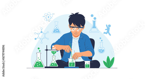 Boy Scientist: Conducting Experiments With Flasks, Beakers, and Protective Eyewear