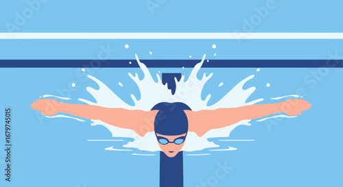 Athlete Swimming in Butterfly Stroke Illustration Represents Aquatic Competitiveness and Fitness