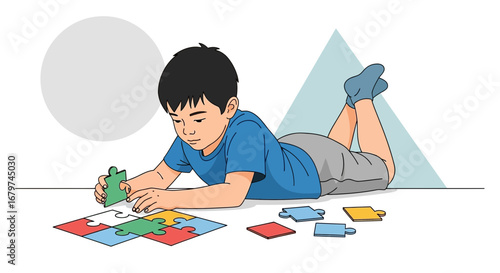 Boy Solving Jigsaw Puzzle: A Child's Playtime with Creative Colorful Shapes