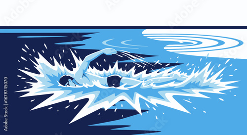 Athlete Swimming With Intensity Depicted In Aquatic Illustration With Vibrant Hues