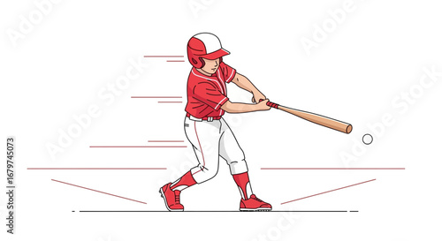 Athlete Swinging The Bat And Hitting The Ball In Baseball, Dynamic Illustration