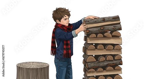 Boy stacking firewood, winter scene of an outdoor activity, with a tree stump