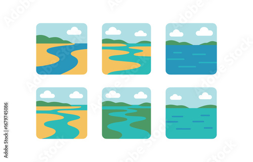 vector colorful flat filled icons estuary (wide view): meeting of river and sea tidal flats distant hills cloudy sky winding channels calm water.