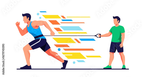 Athlete training with a resistance band and coach for performance improvement concept