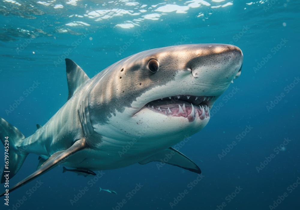 Naklejka premium A menacing great white shark swims in the ocean, showcasing its sharp teeth.