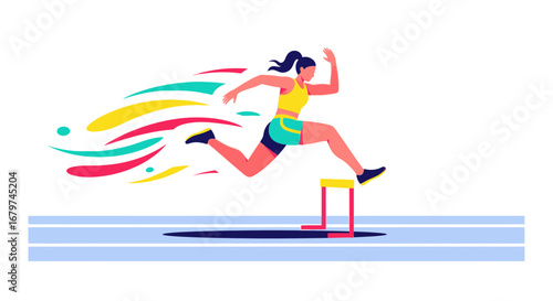 Athletic Hurdler Leaping High Over Obstacle Against Bright, Color Swirl Design