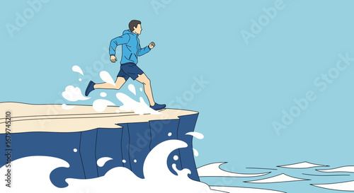Athletic Man Spriting Across Rocky Cliff Overlooking The Vast Ocean With Determination
