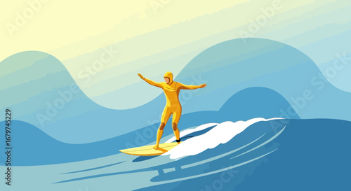 Athletic Individual Surfing Big Ocean Waves, Enjoying Beach Sports and Excitement