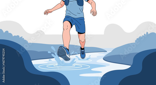 Athletic Runner Crossing Water, Demonstrating Stamina, Determination, And Endurance In Nature