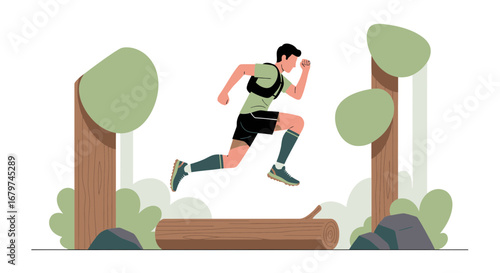 Athletic Runner Leaping Over Log Amidst stylized Trees In Forest Environment