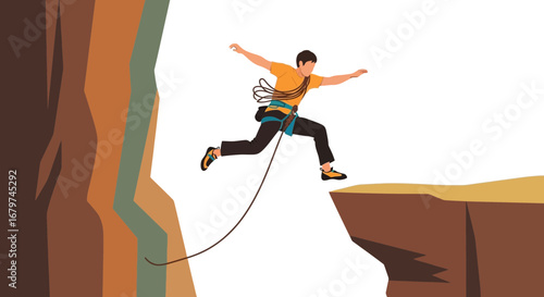 Brave Climber Leaping Across Mountain Gap With Safety Harness For Adventure