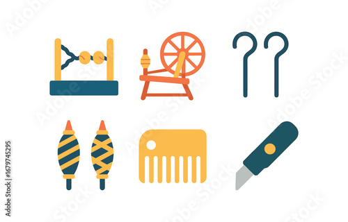 vector colorful flat filled icons rope maker (tools): ropewalk spinning wheel hooks spindles comb cutting knife.