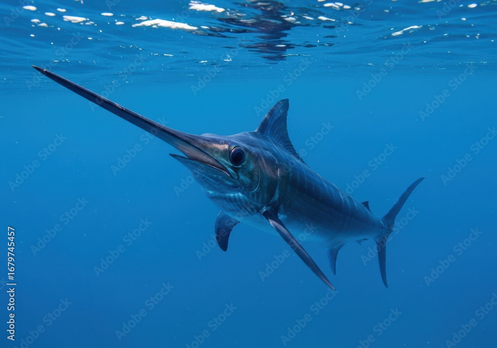 Obraz premium A beautiful swordfish glides gracefully through clear, blue ocean waters. The image captures the marine life.