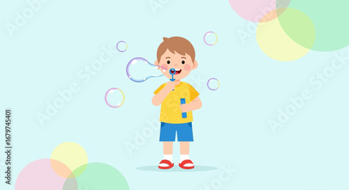 Bubbles Of Joy: A Young Boy Blowing Shiny Bubbles In A Playful, Colorful Scene