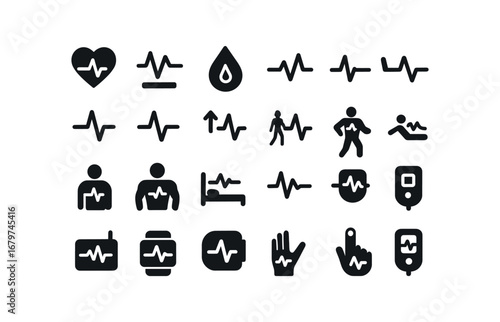 vector solid black filled icons Pulse (Types) pulse heart pulse bpm pulse blood pulse oxygen pulse strong pulse weak pulse high pulse low pulse normal pulse irregular pulse patient pulse.