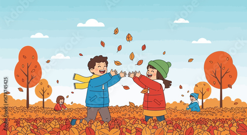 Autumn Fun: Cheerful Children Frolicking Amidst Falling Leaves in Vibrant Illustration