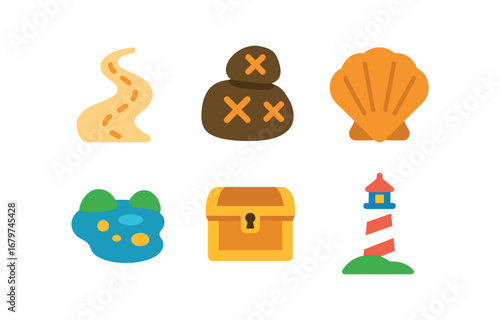 vector colorful flat filled icons clue trail adventure (beach): sand trail rock markings seashell clues tide pools treasure chest distant lighthouse.