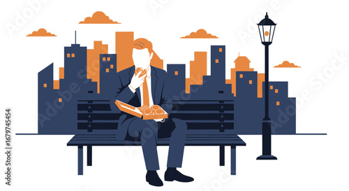 Business Lunch: Man Enjoying Pastries On Park Bench With City Scape Background