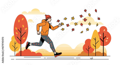 Autumn Jogger Enjoying Fall Season as Leaves Scatter in Breezy Weather With Trees