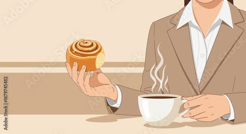 Businesswoman enjoying coffee and cinnamon roll, perfect for breakfast and leisure time