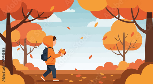 Autumn scene with a person walking in a park during the fall season, holding leaves