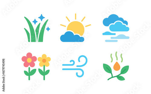 vector colorful flat filled icons dewy mornings season (nature): sparkling grass rising sun soft mist blooming flowers gentle breeze fresh scent.
