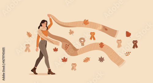 Autumnal Beauty: Woman and Shawl in Fall Colors, Gentle Breeze and Warmth Captured
