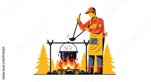 Campfire Culinary Scene: A Cook Preparing Dinner with Culinary Skills in Outdoors