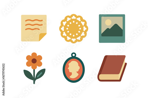 vector colorful flat filled icons tenderness (historic): handwritten letter vintage lace faded photo pressed flower cameo pendant old book.