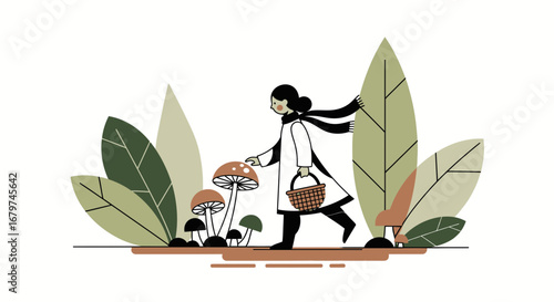 Autumnal Mushroom Hunt Illustration of Female Collecting Fungi In Beautiful Nature Scene