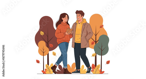 Autumnal Promenade: A Couple's Leisurely Stroll Amidst Golden Foliage
