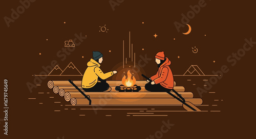 Campfire illustration of two people sitting around a campfire on a raft at night
