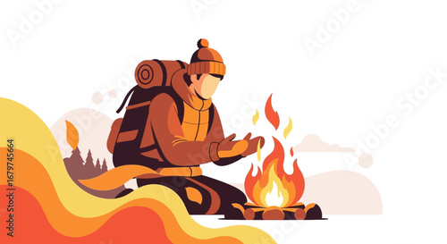 Campfire Serenity Underneath Clear Skies: A Winter Outdoor Adventure Illustration