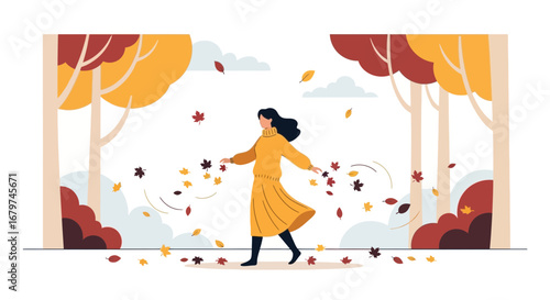 Autumnal Stroll: A Woman Revels Amongst Falling Leaves in a Serene Forest Scene