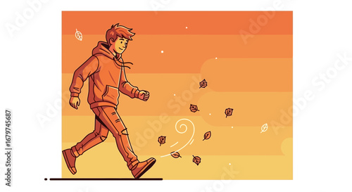 Autumnal Stroll: A Youthful Figure Walking Amidst Falling Leaves in Sepia Tones