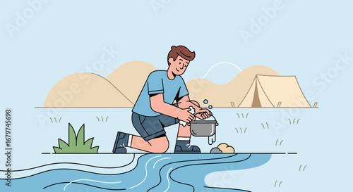 Camping Activities: A Person Washing Up, Preparing Meals With Tent And Landscape
