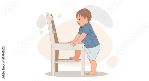 Baby Attempts To Climb Chair Depicting Growing Up, Courage, and Discovery With Illustration